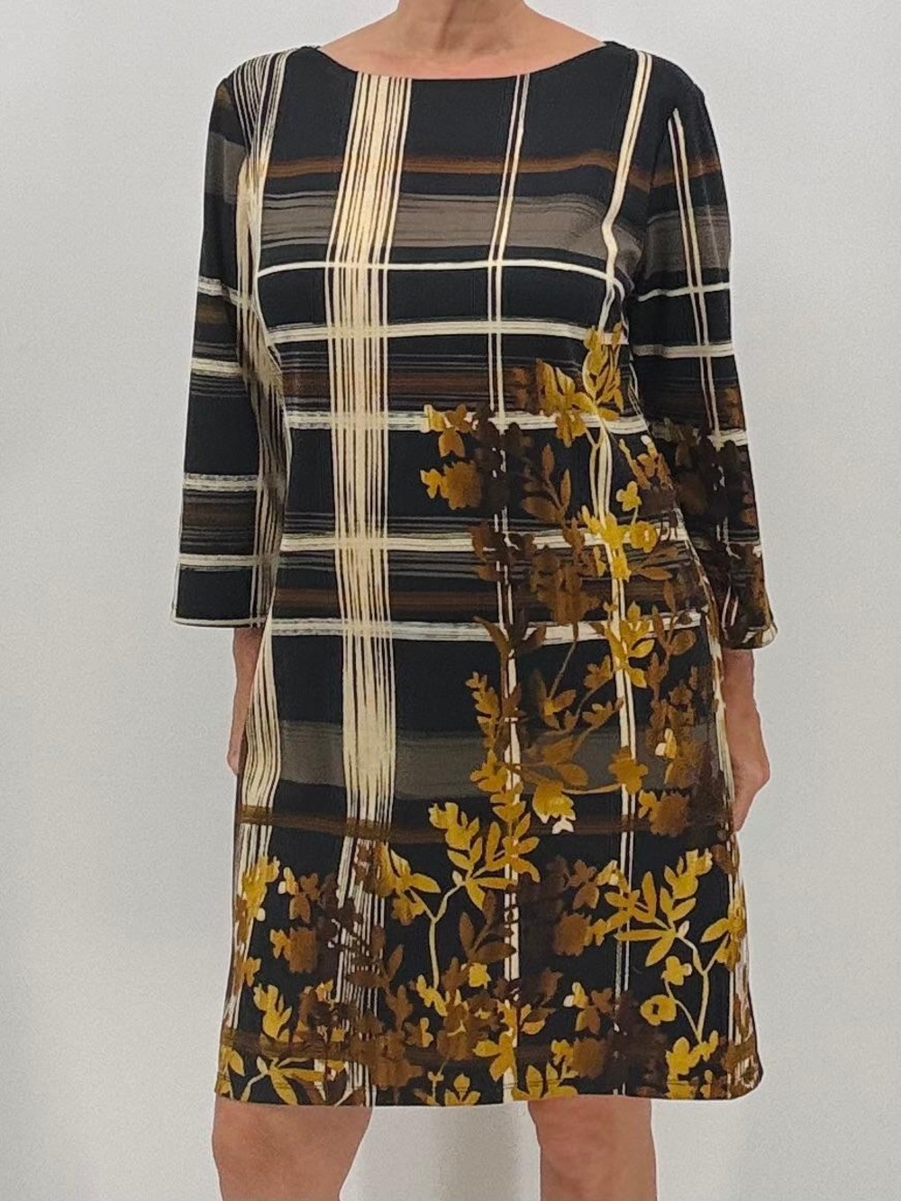 Liz Claiborne Classic Fall Autumn Leaf Print Windowpane Career Work Shift Dress
